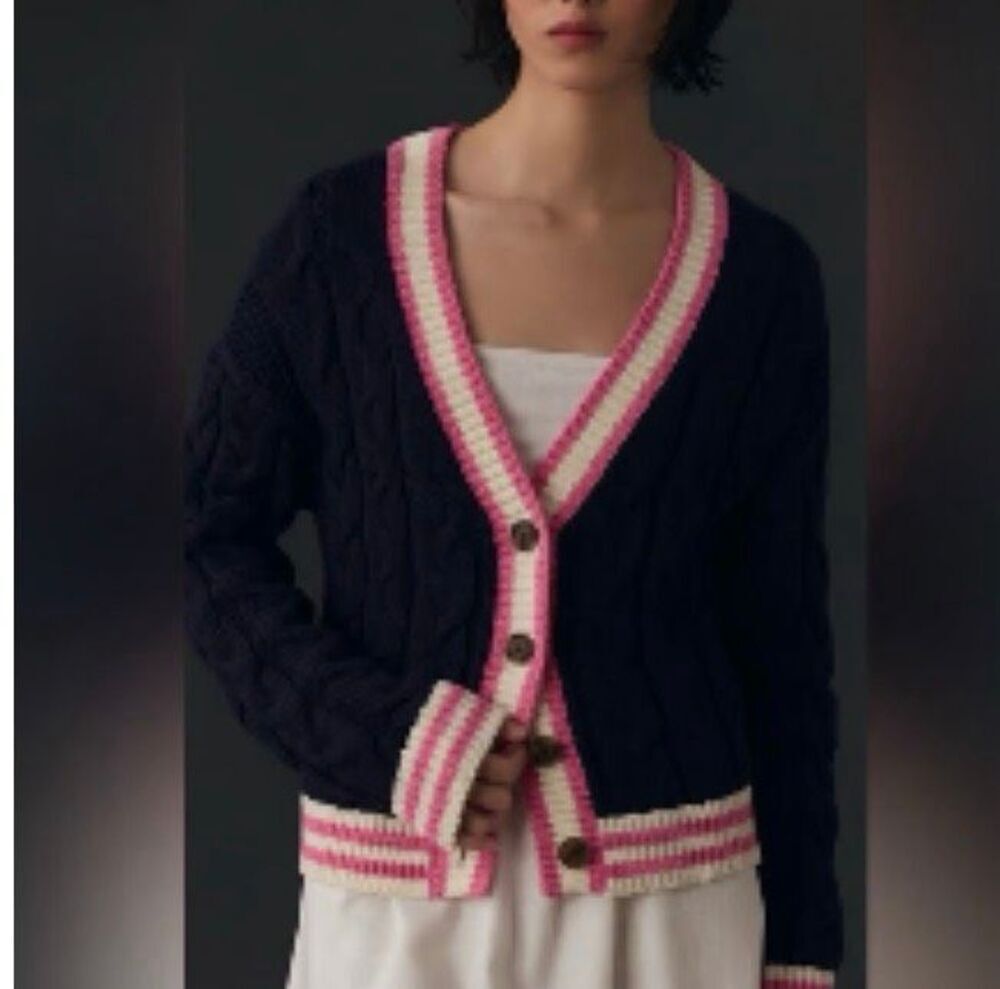 Anthropologie Maeve Varsity cable-knit cardigan in navy and pink - XS